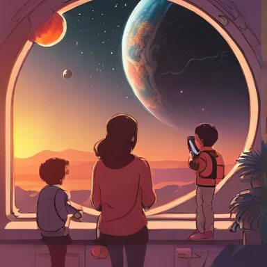 Person mit zwei Kindern schauen durch Fenster auf die weiten des Weltalls